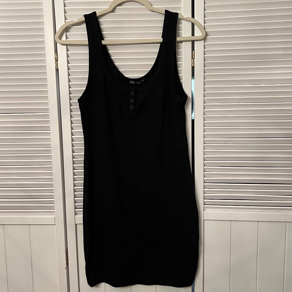 Zara Women's Ribbed Knit Fitted Three Button Tank Mini Dress Black Size L